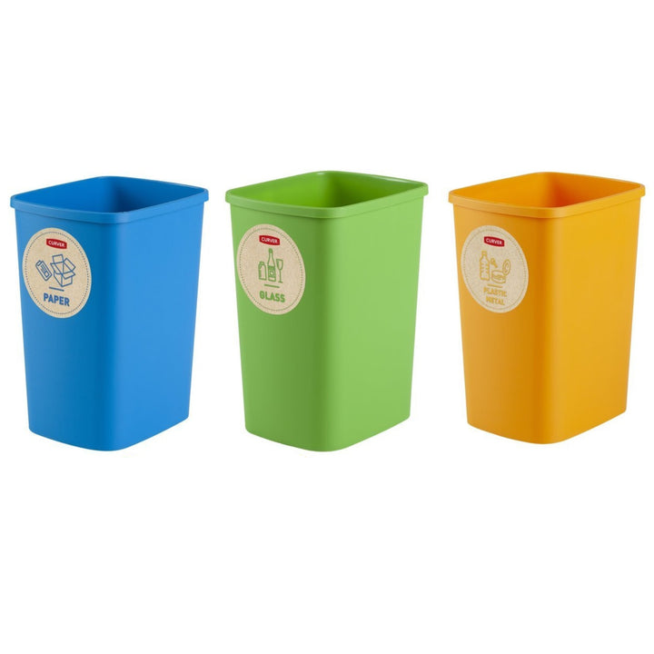 Curver Eco Friendly 3er-Set Mülltrennungssystem Mülleimer Mülltrennung Papier Glas und Kunststoff Recycling-Eimer aus Kunstoff (3x9L)