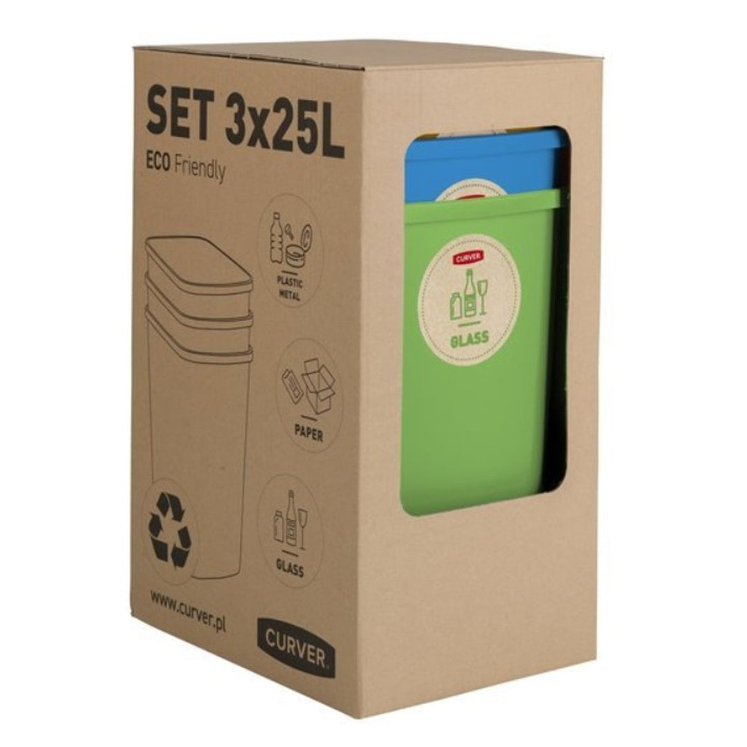 Set de 3 sistemas de separación de basura, bote de basura, contenedores de reciclaje de vidrio y plástico hechos de plástico (3x25L) Curver Eco Friendly