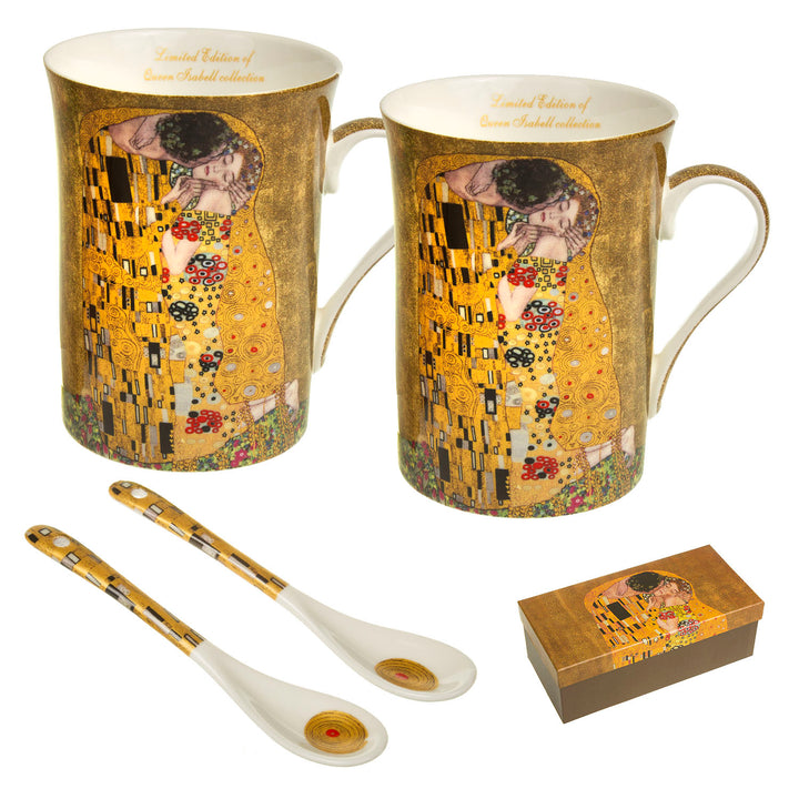 Juego de 2 tazas de café para dos perones de porcelana, taza con cuchara, diseño de beso Klimt, idea para regalo