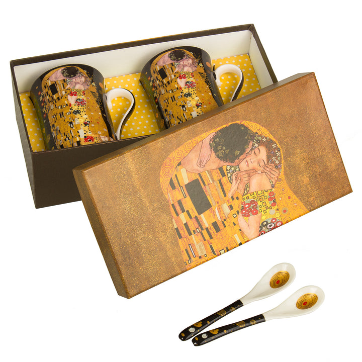 Juego de 2 tazas de café grandes, 250 ml, con cuchara, diseño de El beso de Gustav Klimt, color negro, idea de regalo