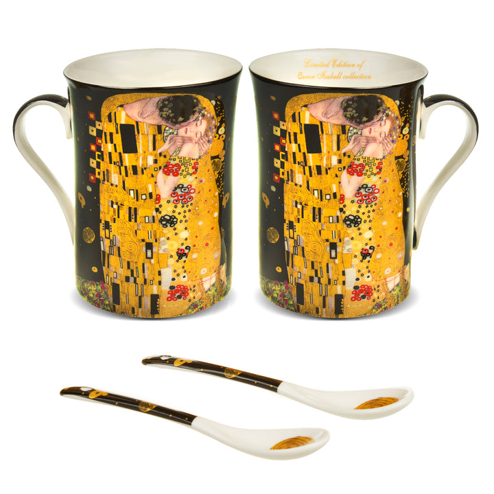 Juego de 2 tazas de café grandes, 250 ml, con cuchara, diseño de El beso de Gustav Klimt, color negro, idea de regalo