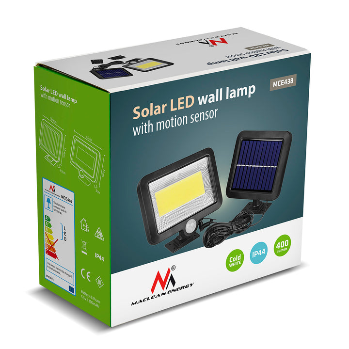 Maclean Energy MCE438 Solar LED Floodlight with motion sensor, IP44, 5W, 400lm, 6000K cold white, lithium battery 1300 mAh, 3.7V DC