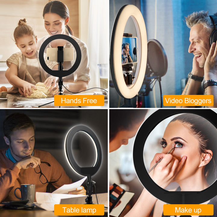 Anillo de luz LED de 10" 12W con trípode y disparador Bluetooth, 3 colores, 10 niveles de brillo 10% -100%, Brillo ajustable, Luz de iluminación con soporte para smartphone, 160 LED