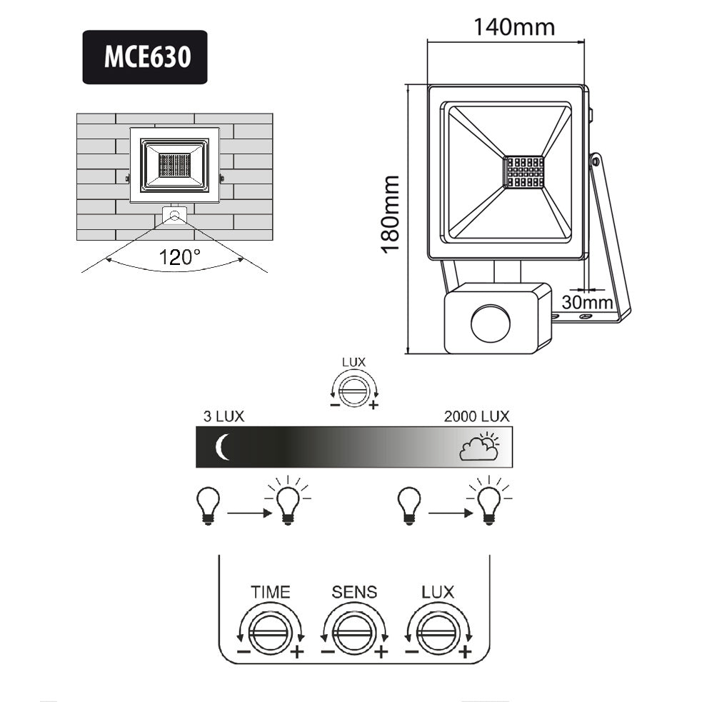 Projecteur LED avec détecteur de mouvement Maclean slim 30W 2400lm couleur blanc froid (6000K) IP44 MCE630 CW PIR