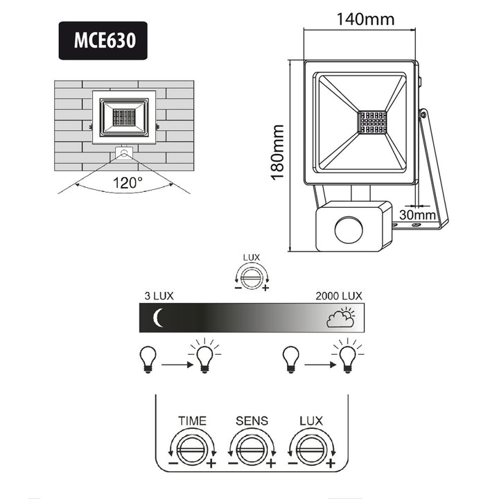 Maclean MCE630 CW LED floodlight with Maclean motion sensor, slim 30W, 2400lm, cold white color (6000K), IP44, MCE630 CW PIR