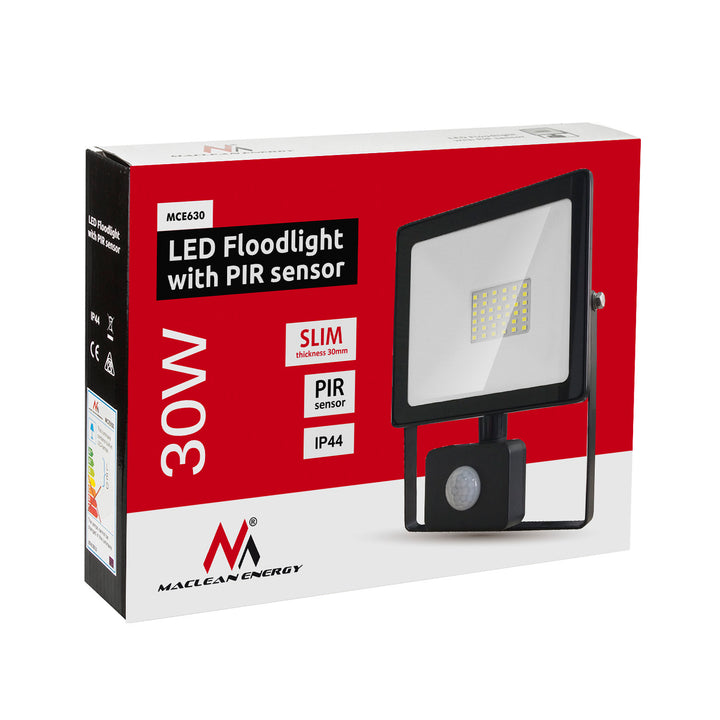 Maclean MCE630 WW LED floodlight with Maclean motion sensor, slim 30W, 2400lm, warm white (3000K), IP44, MCE630 WW PIR