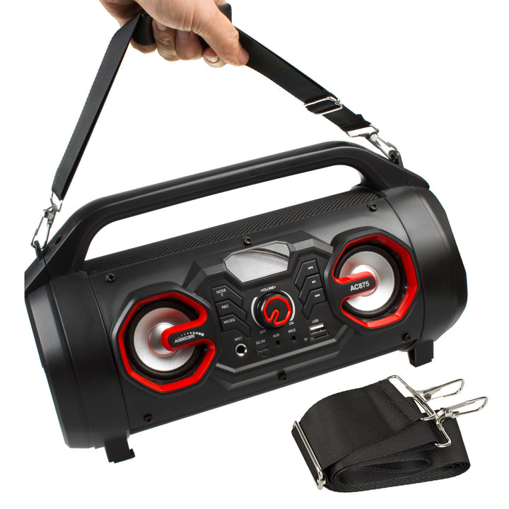 Audiocore AC875 Bazooka Tragbarer Bluetooth-Lautsprecher Boombox 30W (20W+5Wx2) IPX4 Spritzwassergeschützt/Radio/microSD/Aux-In/USB/Beleuchtung/Mikrofonanschluss