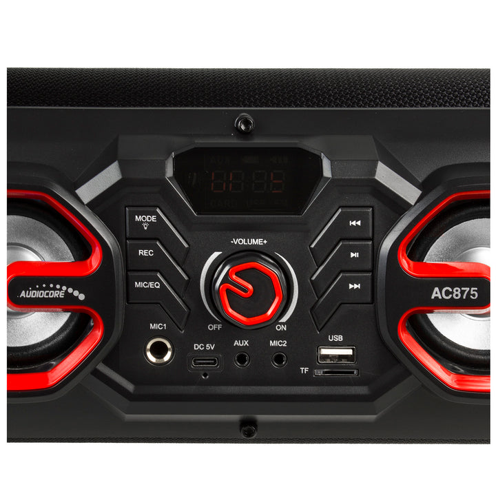 Audiocore AC875 Bazooka Tragbarer Bluetooth-Lautsprecher Boombox 30W (20W+5Wx2) IPX4 Spritzwassergeschützt/Radio/microSD/Aux-In/USB/Beleuchtung/Mikrofonanschluss