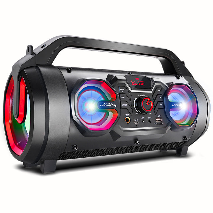 Audiocore AC875 Bazooka Tragbarer Bluetooth-Lautsprecher Boombox 30W (20W+5Wx2) IPX4 Spritzwassergeschützt/Radio/microSD/Aux-In/USB/Beleuchtung/Mikrofonanschluss