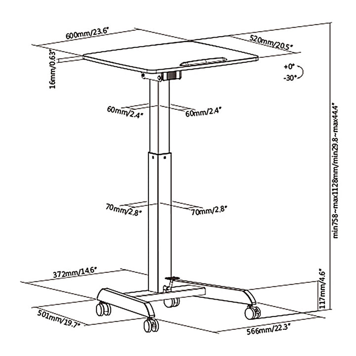 Maclean MC-892B Escritorio para ordenador portátil de altura regulable con ruedas Escritorio de pie Regulable en altura hasta un máximo de 113 cm 30 grados Inclinable Negro