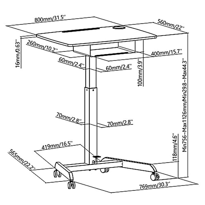 Scrivania per laptop regolabile in altezza con rotelle e scrivania sit-stand con un cassetto Altezza regolabile fino a max. 113cm max. 8kg (Nero)