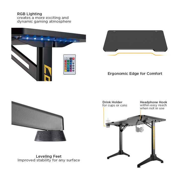 Gaming Tisch mit Verstellbarer RGB-LED-Hintergrundbeleuchtung Getränkehalter Kopfhörerhalter Gaming Schreibtisch 120x60x75cm Computertisch