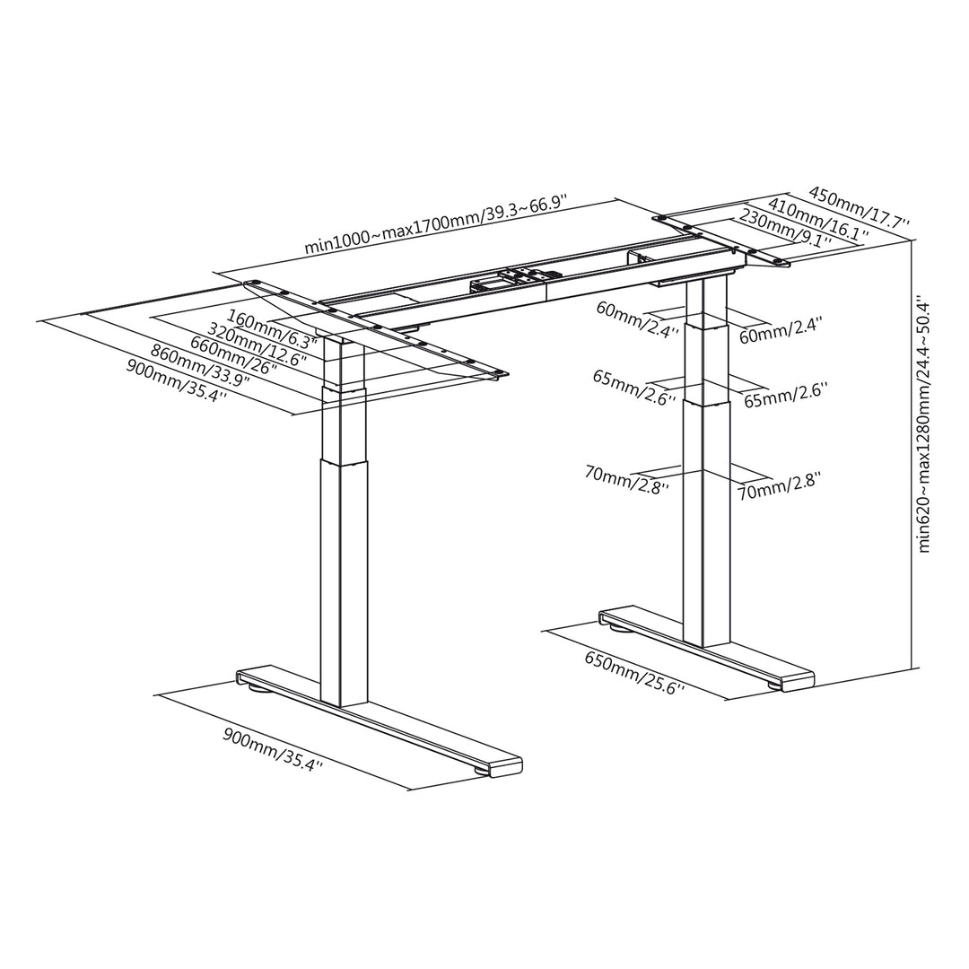 Bureau électrique d'angle Ergo Office sans plateau, pour la position debout et assise, max. 125kg hauteur max. 1280mm, ER-432