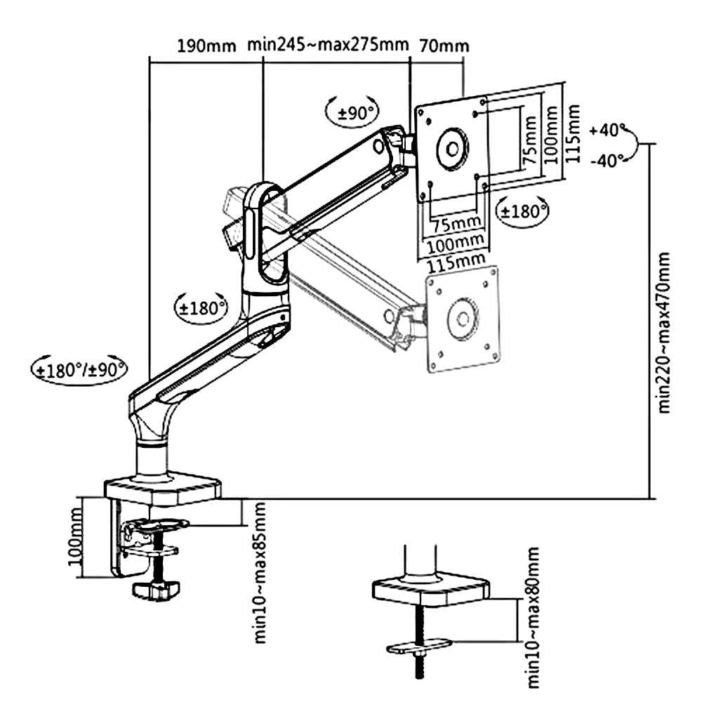 1-Fach Premium Monitorhalterung mit Gasfeder 17"-32" Doppelarm Tischhalterung Monitorarm Schwenkbar Neigbar Drehbar VESA 75x75 100x100 bis 9kg