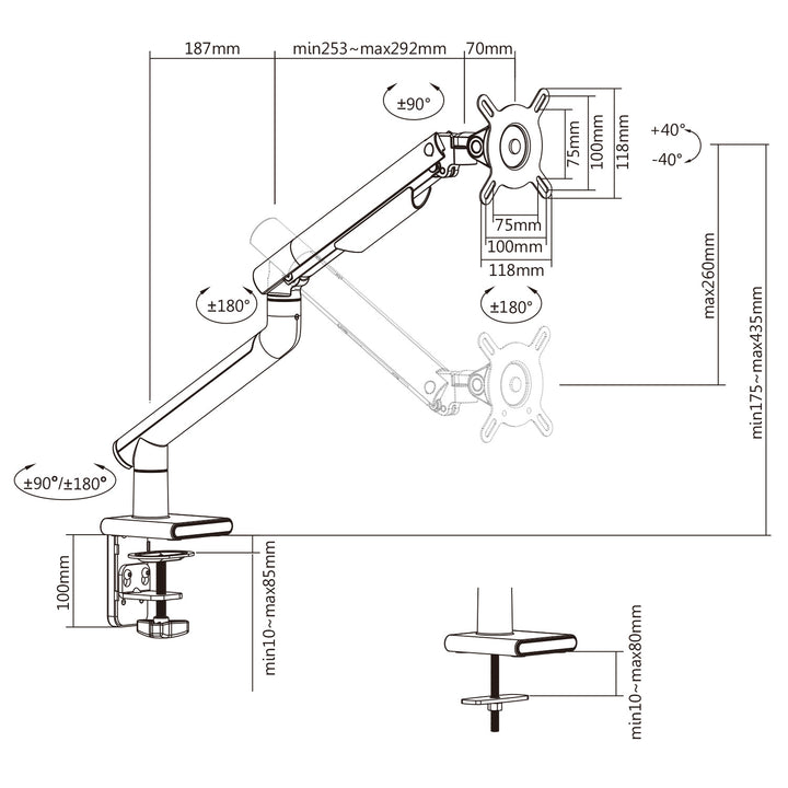 Ergo Office ER-437 Monitor Holder Bracket Double Arm Universal LCD LED 17" - 32" VESA Adjustable 9kg