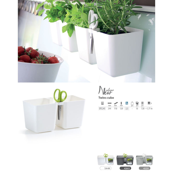 Twins Cube Vaso per erbe aromatiche con forbici Bianco