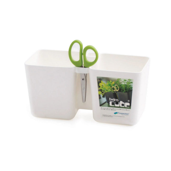 Twins Cube Vaso per erbe aromatiche con forbici Bianco