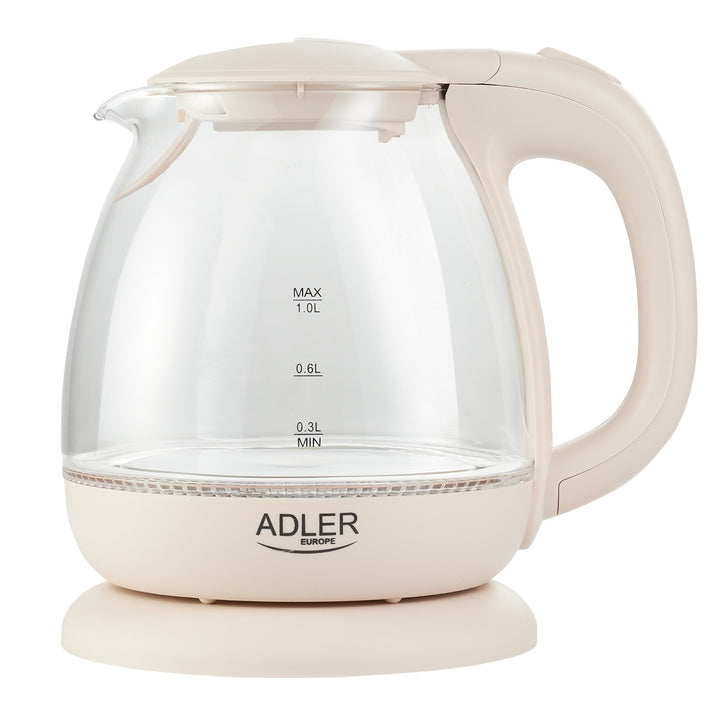 Adler AD 1283C Electric Kettle Glass 1.L 1100W Rotating Base Portable Compact LED Water Level Indicator