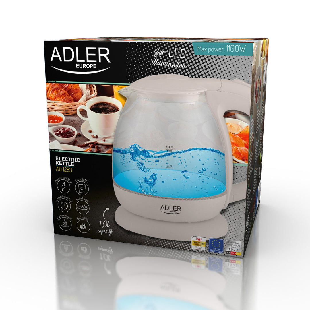 Adler AD 1283C Electric Kettle Glass 1.L 1100W Rotating Base Portable Compact LED Water Level Indicator