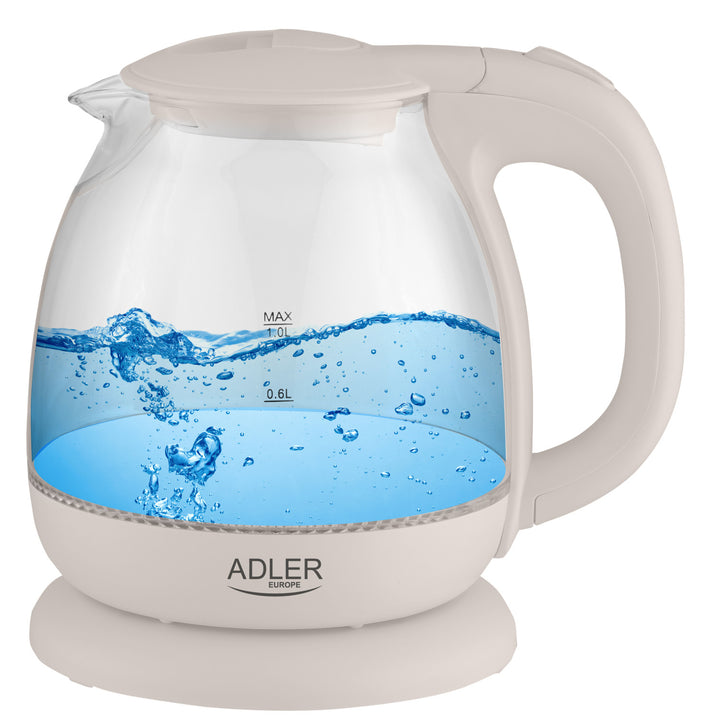 Adler AD 1283C Electric Kettle Glass 1.L 1100W Rotating Base Portable Compact LED Water Level Indicator