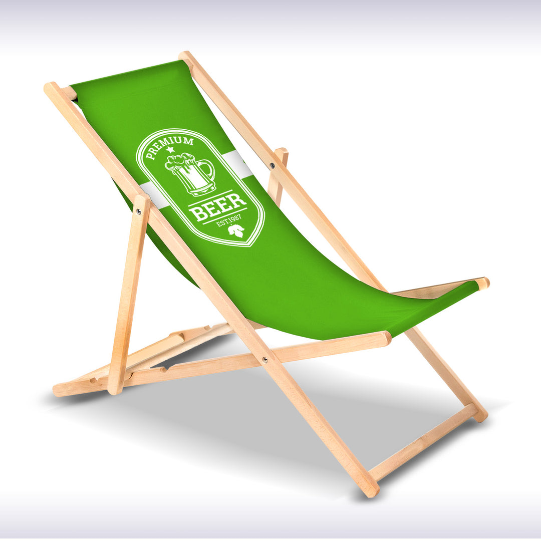 Chaise longue en bois de hêtre classique, Design personnalisé, vert bleu GB183, avec votre propre Logo graphique imprimé, chaise longue publicitaire