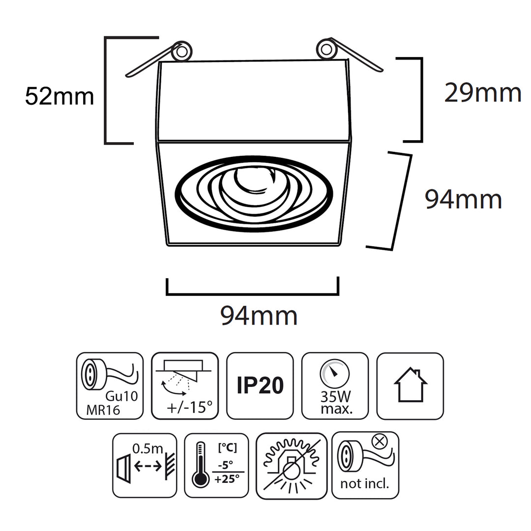 Maclean spot plafone, per sorgenti luminose MR16 / GU10, bianco, 94x94x32mm, quadrato, alu, MCE464 W