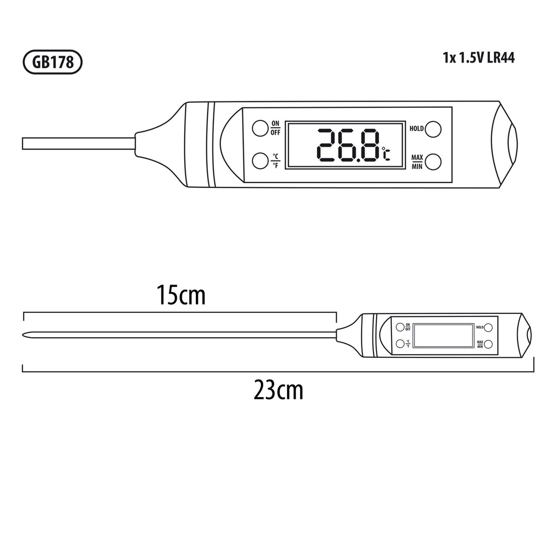 Termómetro / sonda para alimentos, longitud de la sonda 15 cm, rango de temperatura -50 grados C a +300 grados C, precisión 0.1 grados C, GreenBlue GB178