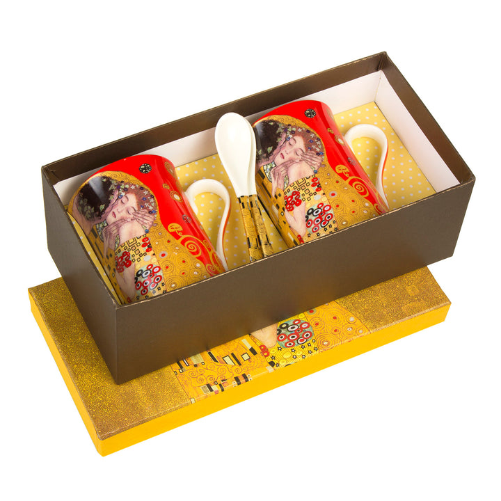 Queen Isabell Koffiekopjes Set met lepel voor twee personen The Kiss door Gustav Klimt Rood Cadeau idee Porselein 2 x  250ml