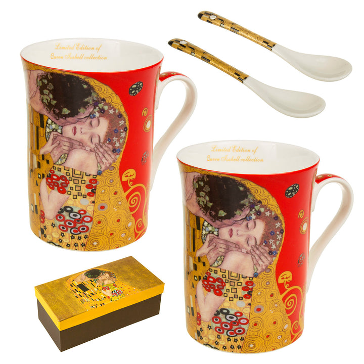 Queen Isabell Juego 2 + 2 Tazas de Café Colección Gustav Klimt "Kiss" Juego de 2 Tazas en Embalaje Decorativo 2x250ml