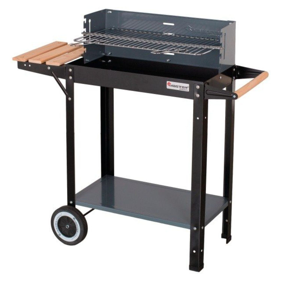 Master Grill&Party MG909 BBQ Grill Shelf Wheels Rectangular Charcoal Barbecue Garden Wooden Handle