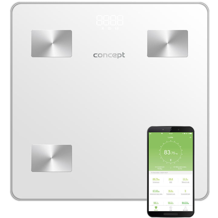 Concept VO4000 Glazen Diagnoseweegschaal Persoonlijke Weegschaal met App Digitale Weegschaal Lichaamsanalyse Vetweegschaal Spiermassa BMI LED Display Bluetooth Gewicht tot 180kg (Wit)