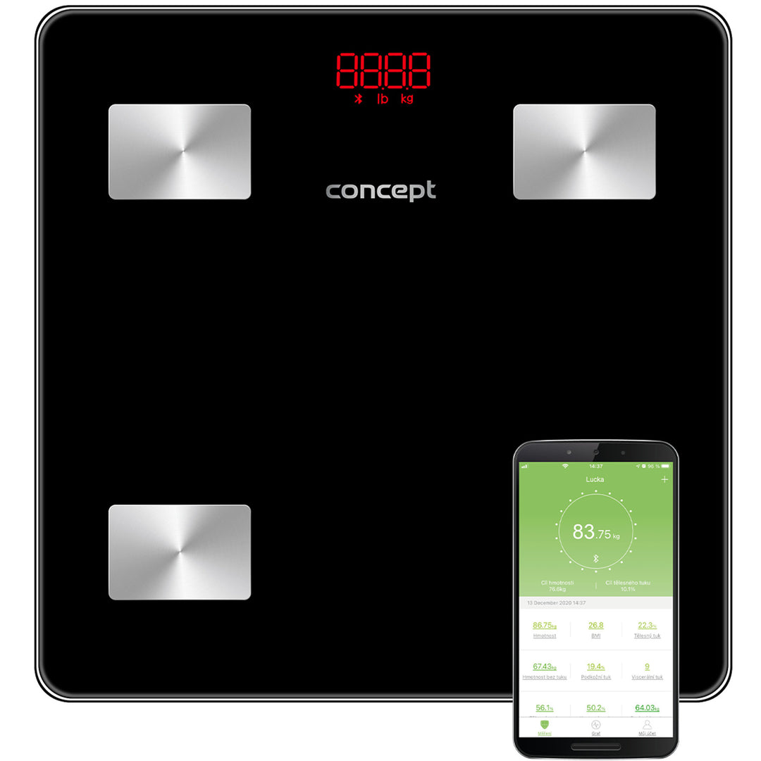 Concept VO4001 Glazen Diagnoseweegschaal Persoonlijke Weegschaal met App Digitale Weegschaal Lichaamsanalyse Vetweegschaal Spiermassa BMI LED Display Bluetooth Gewicht tot 180kg (Zwart)