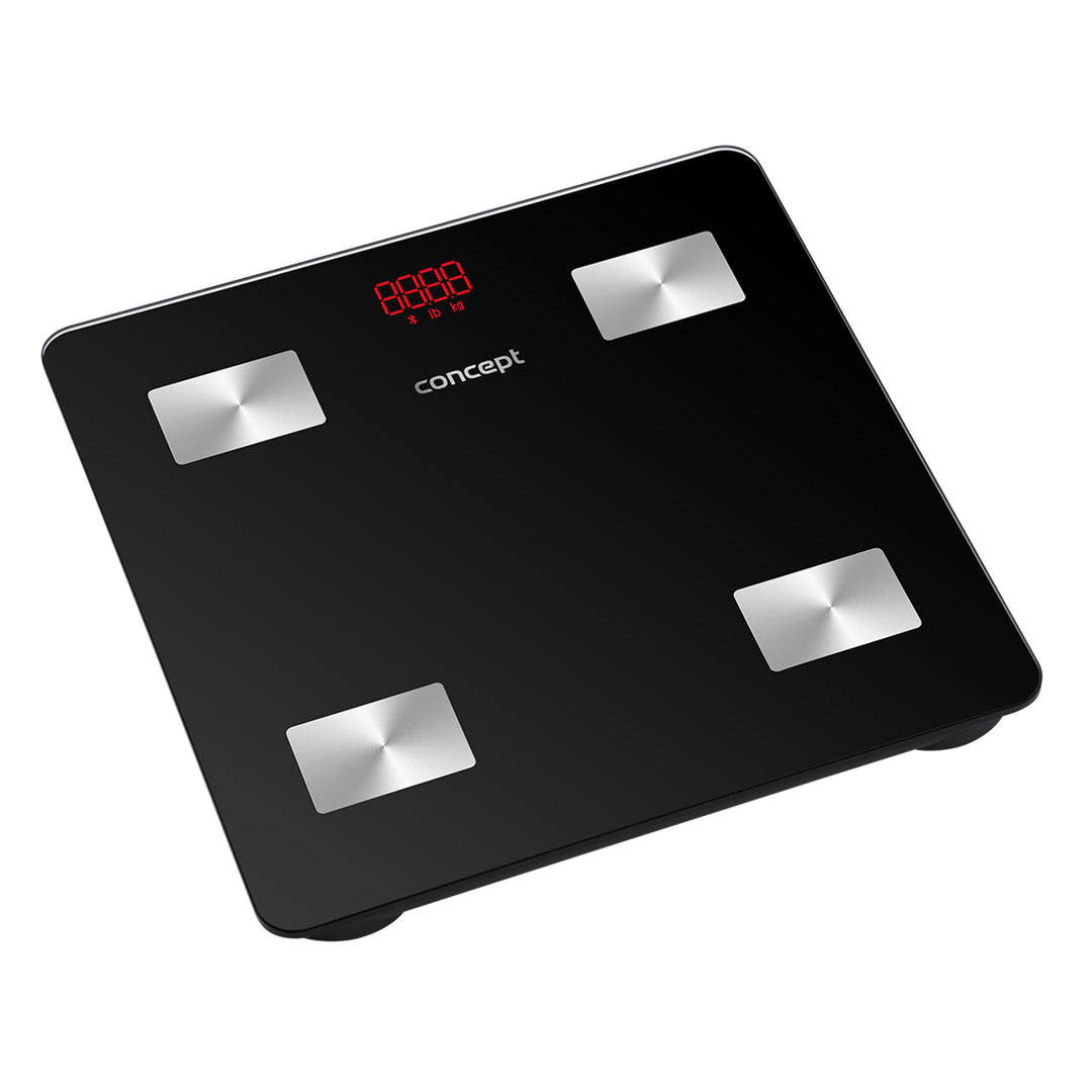 Concept VO4001 Glazen Diagnoseweegschaal Persoonlijke Weegschaal met App Digitale Weegschaal Lichaamsanalyse Vetweegschaal Spiermassa BMI LED Display Bluetooth Gewicht tot 180kg (Zwart)