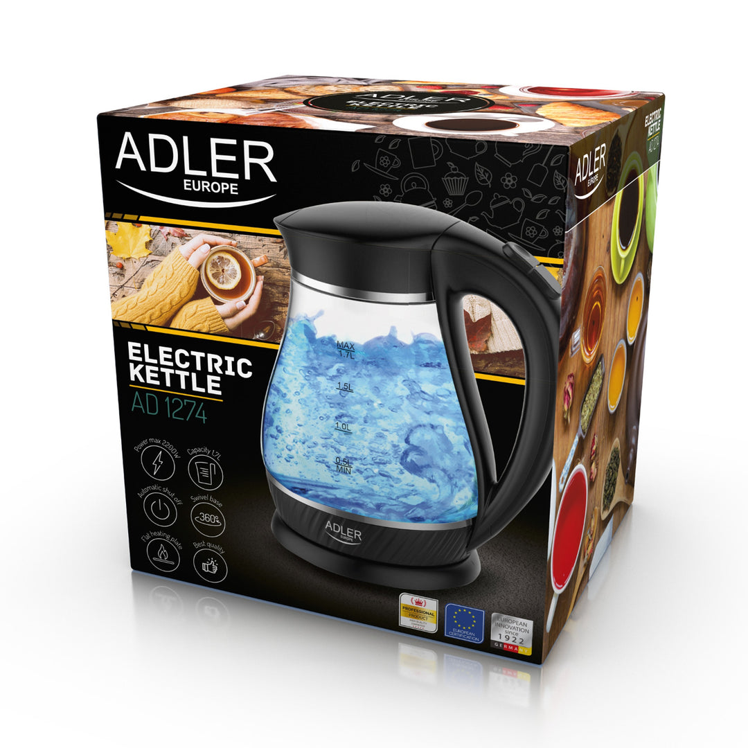 Bouilloire en verre Adler AD 1274 noire capacité 1.7L, puissance 2200W