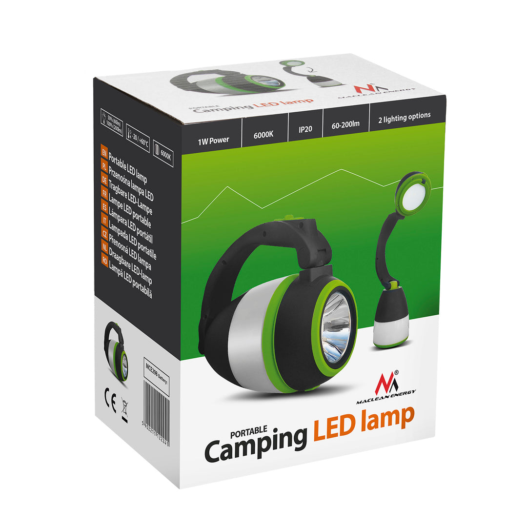 Maclean MCE298 3-in-1-LED-Campinglampe und faltbare Taschenlampe für den Außenbereich, 3 Lichtmodi, 1 W, 60–200 lm, Kaltweiß 6000 K, IP20 (eingebauter Akku 1500 mAh/Powerbank-Funktion)