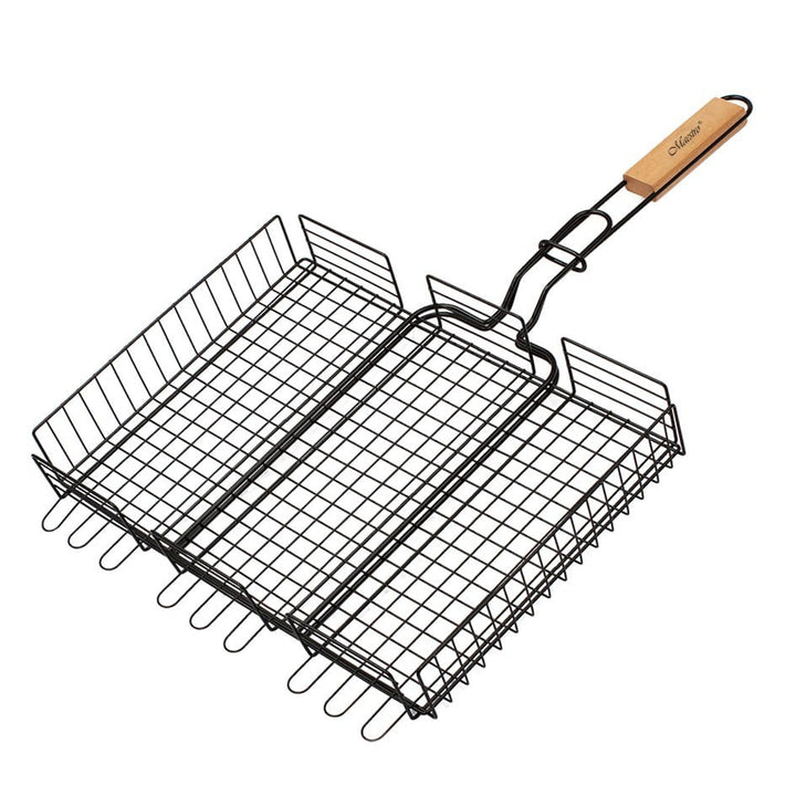 Maestro MR1002 grillrooster met houten handvat - Afsluitbaar grillrooster (staal met tefloncoating, 25x30cm)