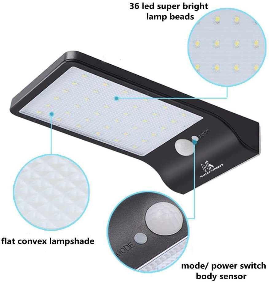 Lampes murales extérieur Lampe solaire à LED avec détecteur de mouvement Capteur crépusculaire IP65 Distance du mur réglable 4 W 450 lumens 6000 K Maclean MCE444