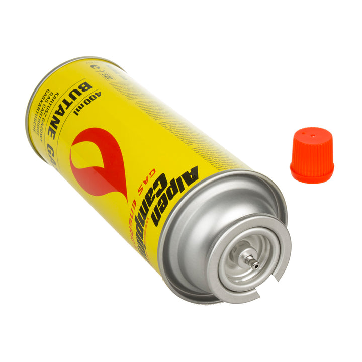 Cartuccia di gas 400 ml Alpen Camping. certificato: Pi 0875, conforme a EN417, isobutano, campo di funzionamento da -10°C a +40°C, IK004