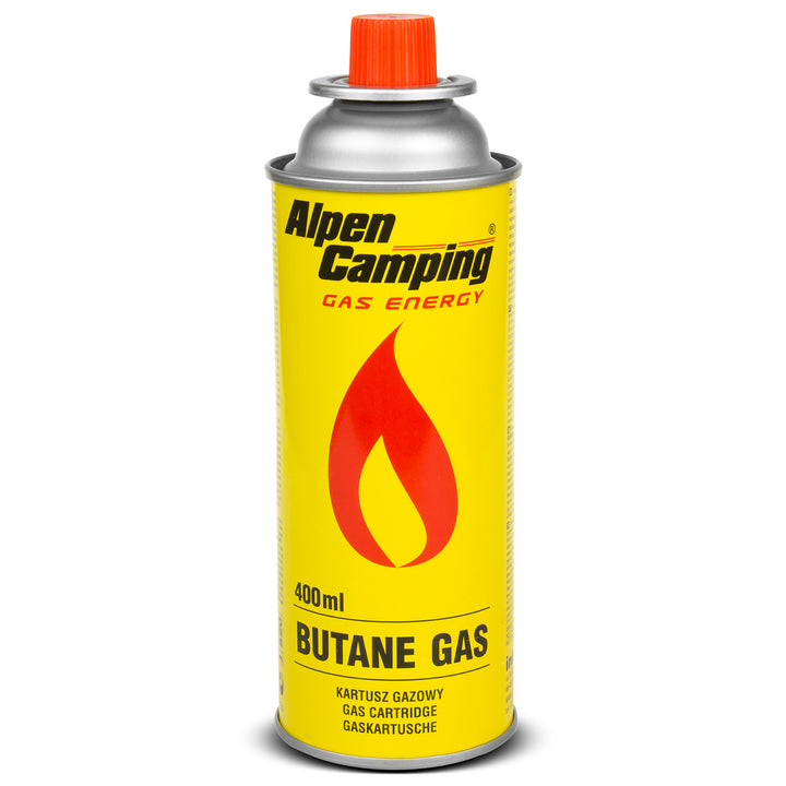 Cartuccia di gas 400 ml Alpen Camping. certificato: Pi 0875, conforme a EN417, isobutano, campo di funzionamento da -10°C a +40°C, IK004