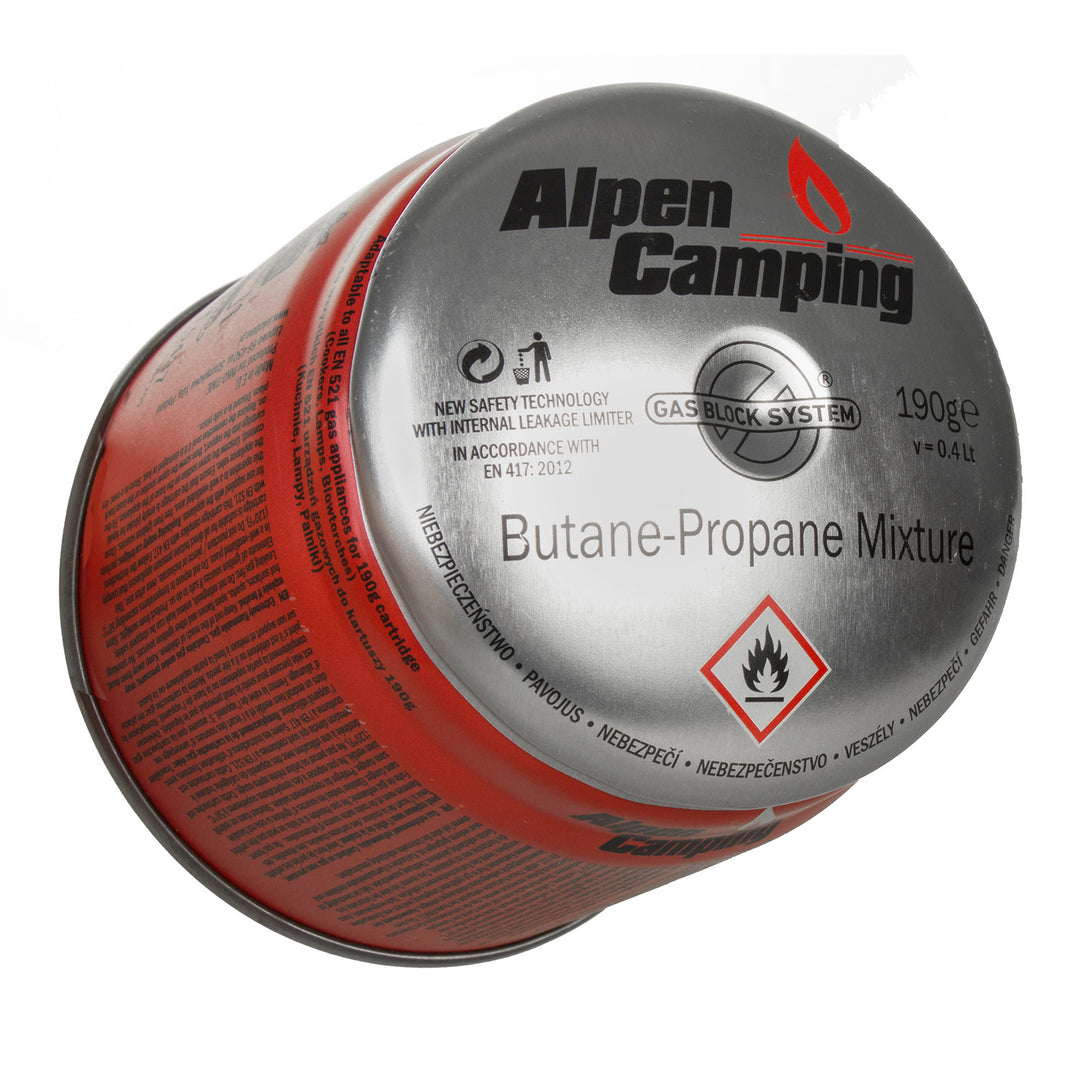 Gaspatroon 400 ml Alpen Camping. certificaat: Pi 0437, EN417 compliant, propaan-butaan, bereik -10 ° C tot + 40 ° C, GAS STOP IK006 systeem