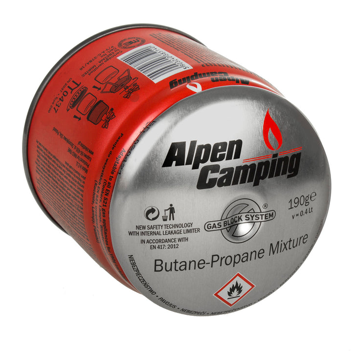 Gaspatroon 400 ml Alpen Camping. certificaat: Pi 0437, EN417 compliant, propaan-butaan, bereik -10 ° C tot + 40 ° C, GAS STOP IK006 systeem