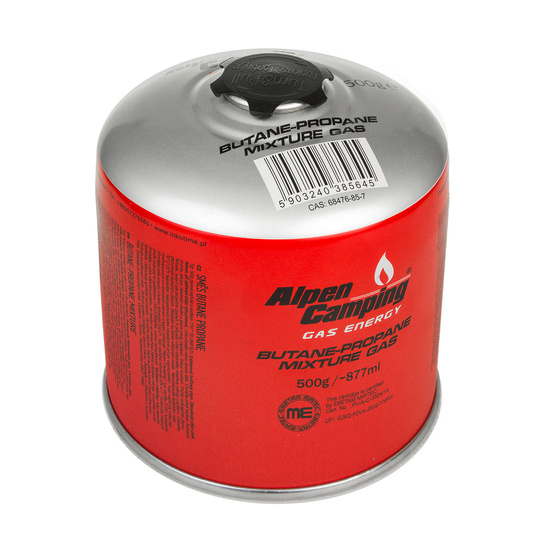 INKO-TIME IK008 500 ml Propan-Butan-Gaskartusche Alpen Camping Kochherd Zertifikat: Pi 0437, EN417-konform, Bereich -10 °C bis + 40 °C, Gewindeventil