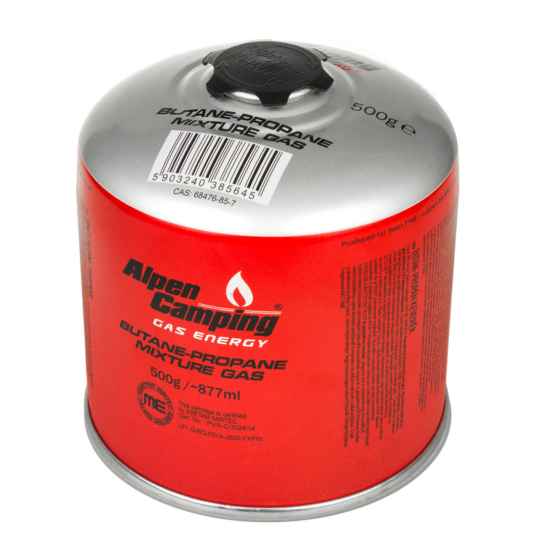 INKO-TIME IK008 500 ml propaan-butaangaspatroon Alpen campingkooktoestel Certificaat: Pi 0437, EN417-compatibel, bereik -10 °C tot + 40 °C, klep met schroefdraad