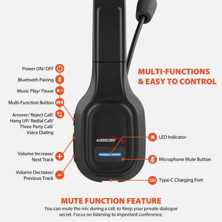 Audiocore 74452 Bluetooth Headset Headphone Noise Reduction Microphone Call CenterGoogle Siri Office Wireless