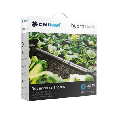 Juego de sistema de línea de riego por goteo Cellfast Hydro™, resistente a los rayos UV y a los productos químicos, riego de jardín, manguera de goteo de 50 m