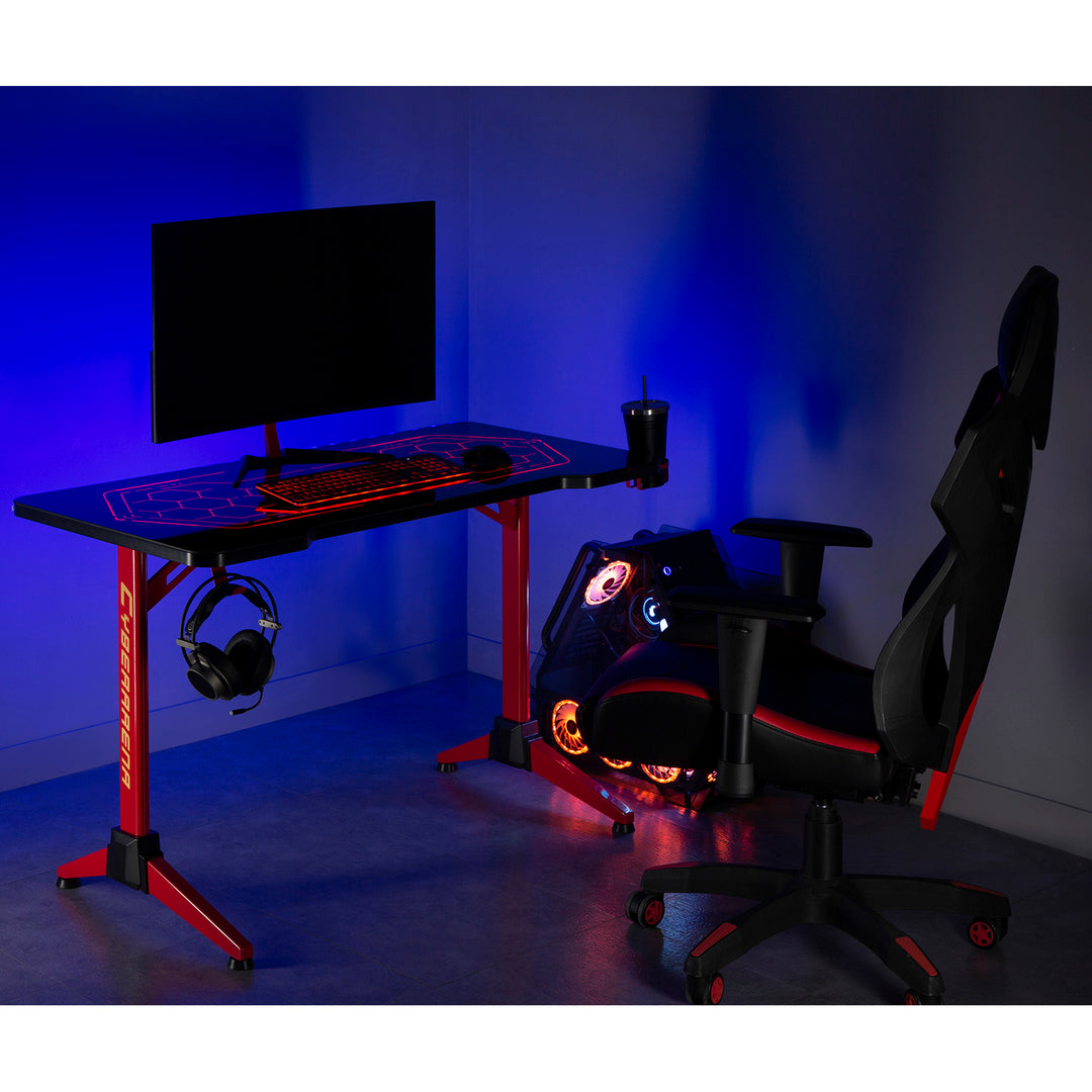 Gaming Tisch mit Verstellbarer RGB-LED-Hintergrundbeleuchtung Getränkehalter Kopfhörerhalter Gaming Schreibtisch 120cm Computertisch