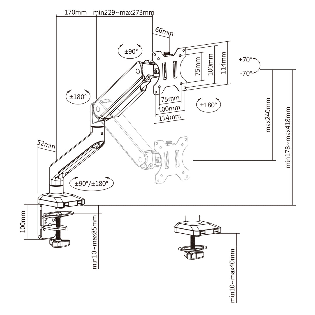 Ergo Office ER-447 Monitor Stand Screen Arm 17"-32" Silver VESA 75x75, 100x100