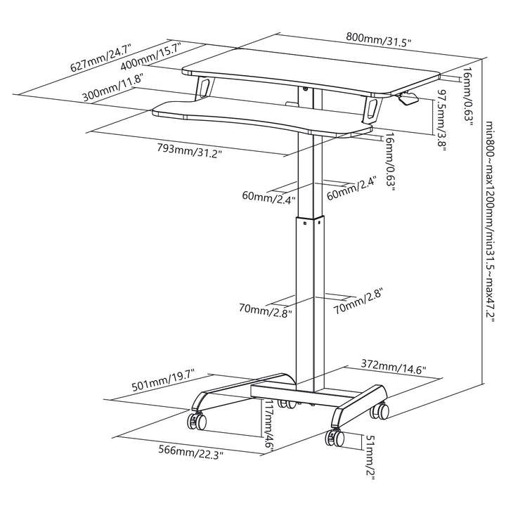 Poste de travail mobile avec réglage en hauteur et double plate-forme Ergo Office, pour le travail debout, blanc max. 8kg, hauteur max. 1200mm, ER-444 W