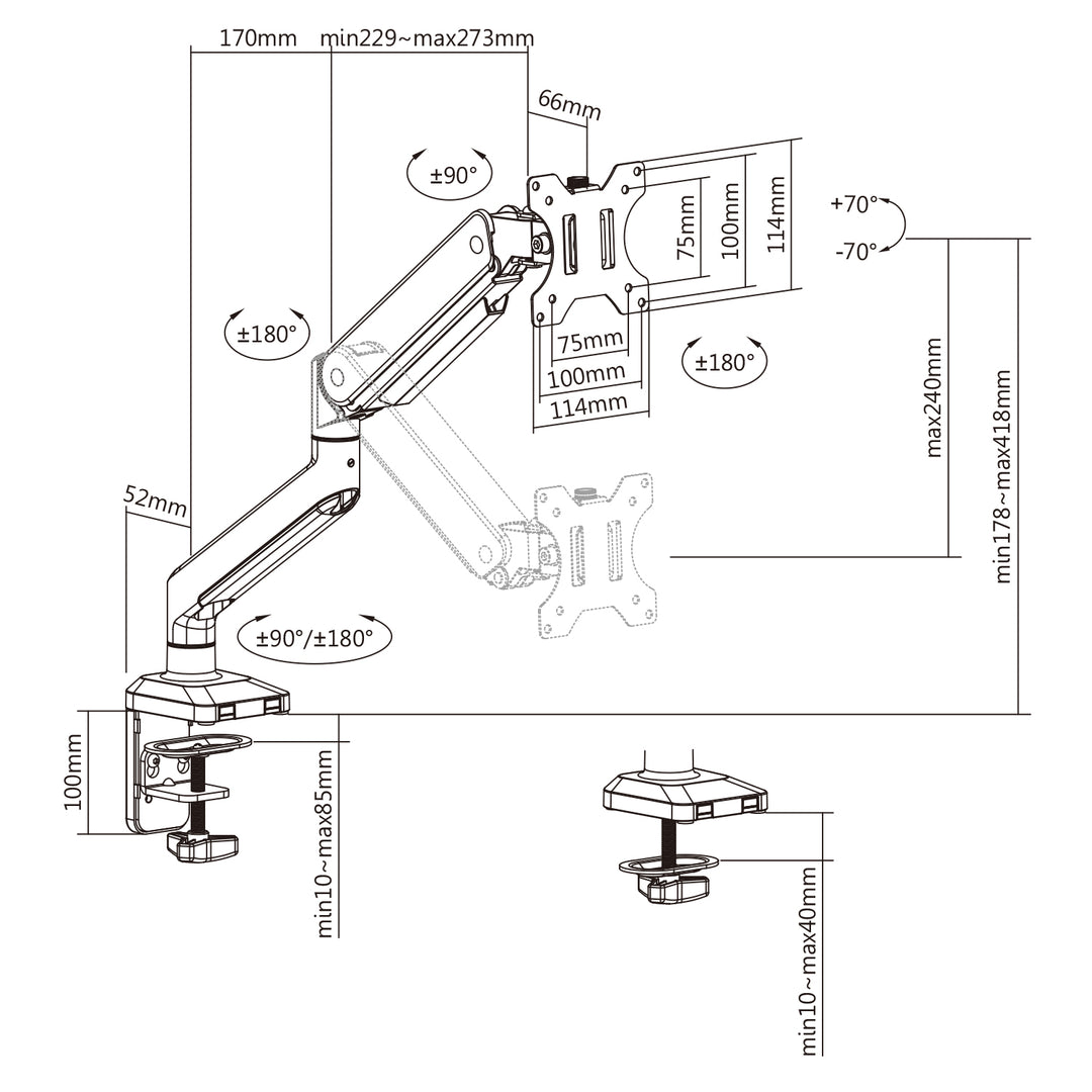 Ergo Office ER-445 1-Weg Monitorbeugel met gasveer 17-32 inch Dubbele arm tafelmontage Monitorarm Zwenkbaar Kantelbaar Draaibaar VESA 75 x 75 100 x 100 tot 15 kg Aluminium