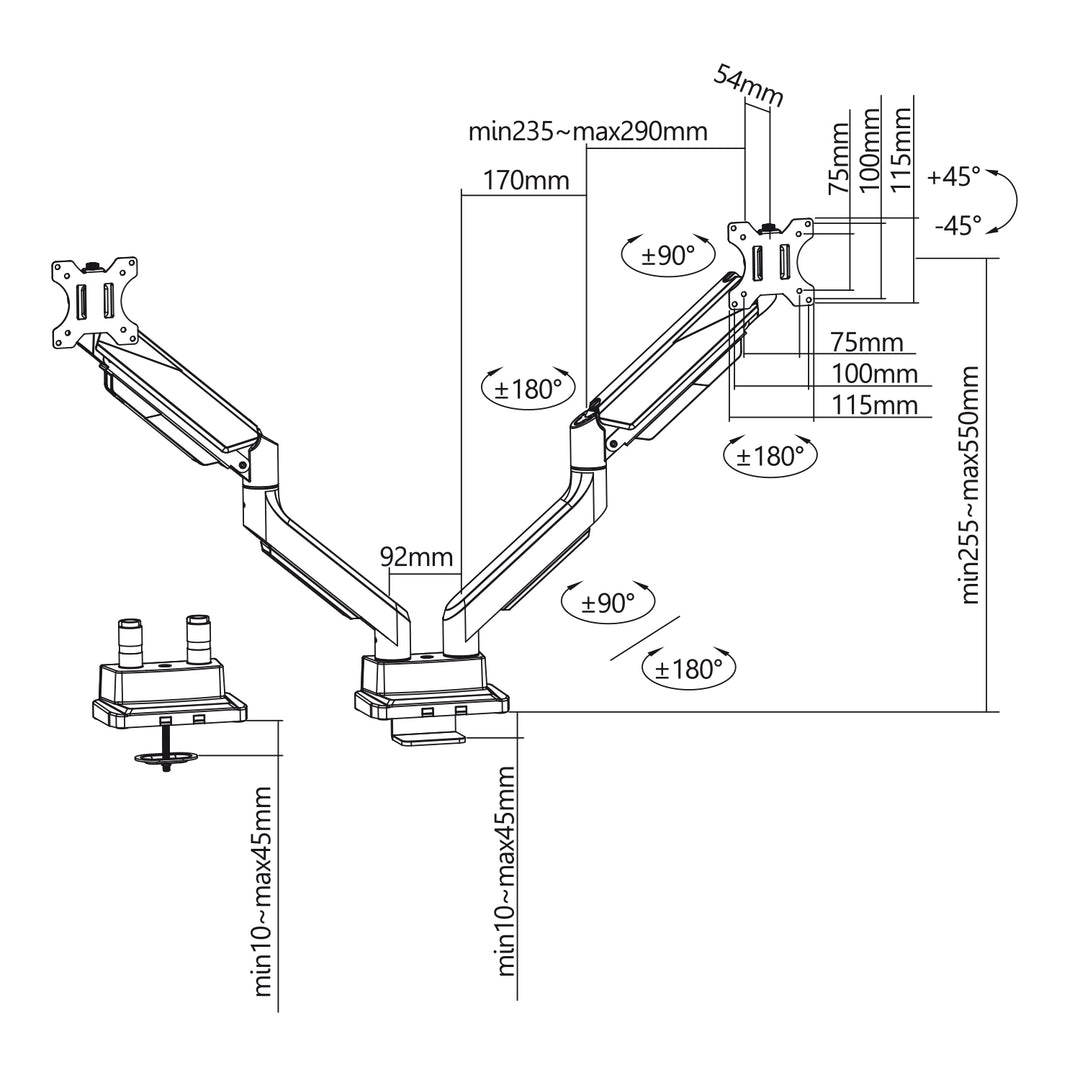 2-Fach Monitorhalterung mit Gasfeder Tischhalterung 17-35" Zoll Schwenkbar Neigbar Drehbar Höhenverstellbar Doppelarm VESA 75x75 100x100 bis 2x15kg